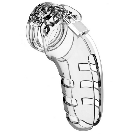 Clear chastity cage with intricate design on a white background