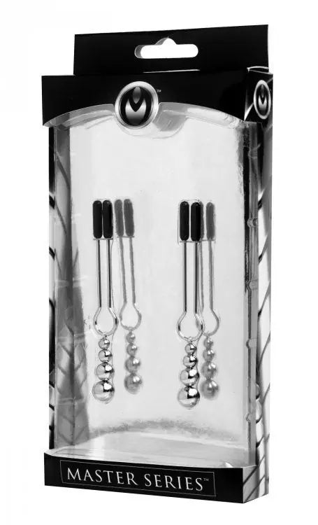 Packaged set of black and silver nipple clamps with 'Master Series' branding.