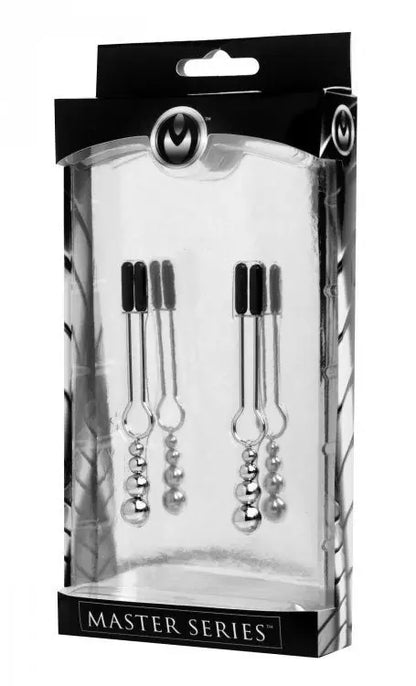 Packaged set of black and silver nipple clamps with 'Master Series' branding.