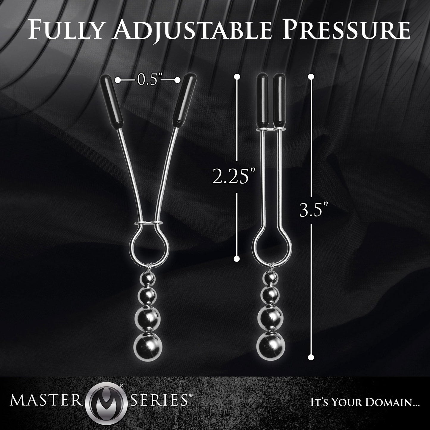 Adjustable nipple pressure tool with measurements and Master Series branding on a dark background