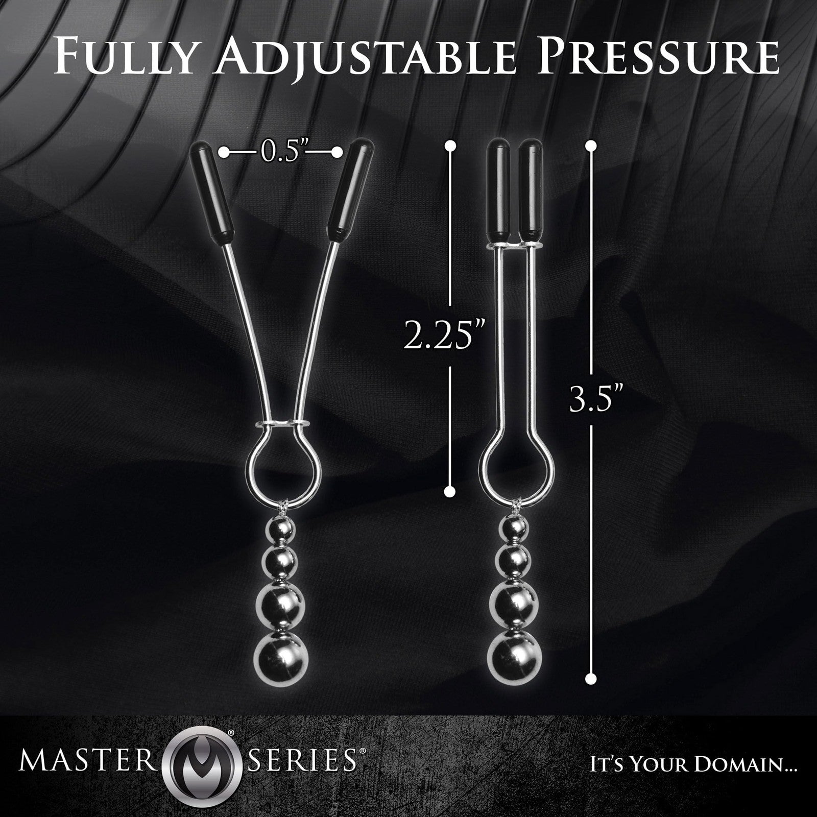 Adjustable nipple pressure tool with measurements and Master Series branding on a dark background