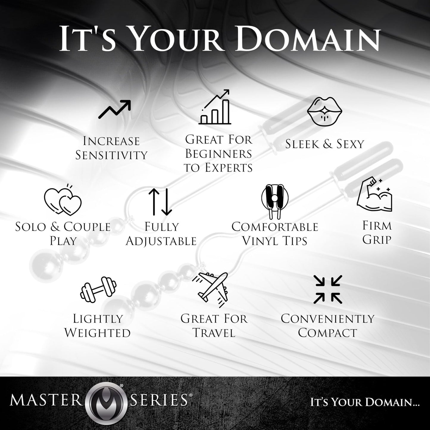 Product features with icons and text on a blurred background, featuring the Master Series brand.
