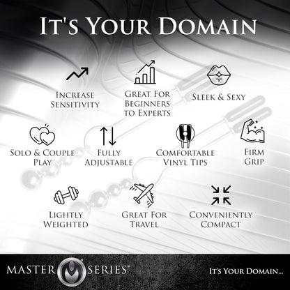 Product features with icons and text on a blurred background, featuring the Master Series brand.