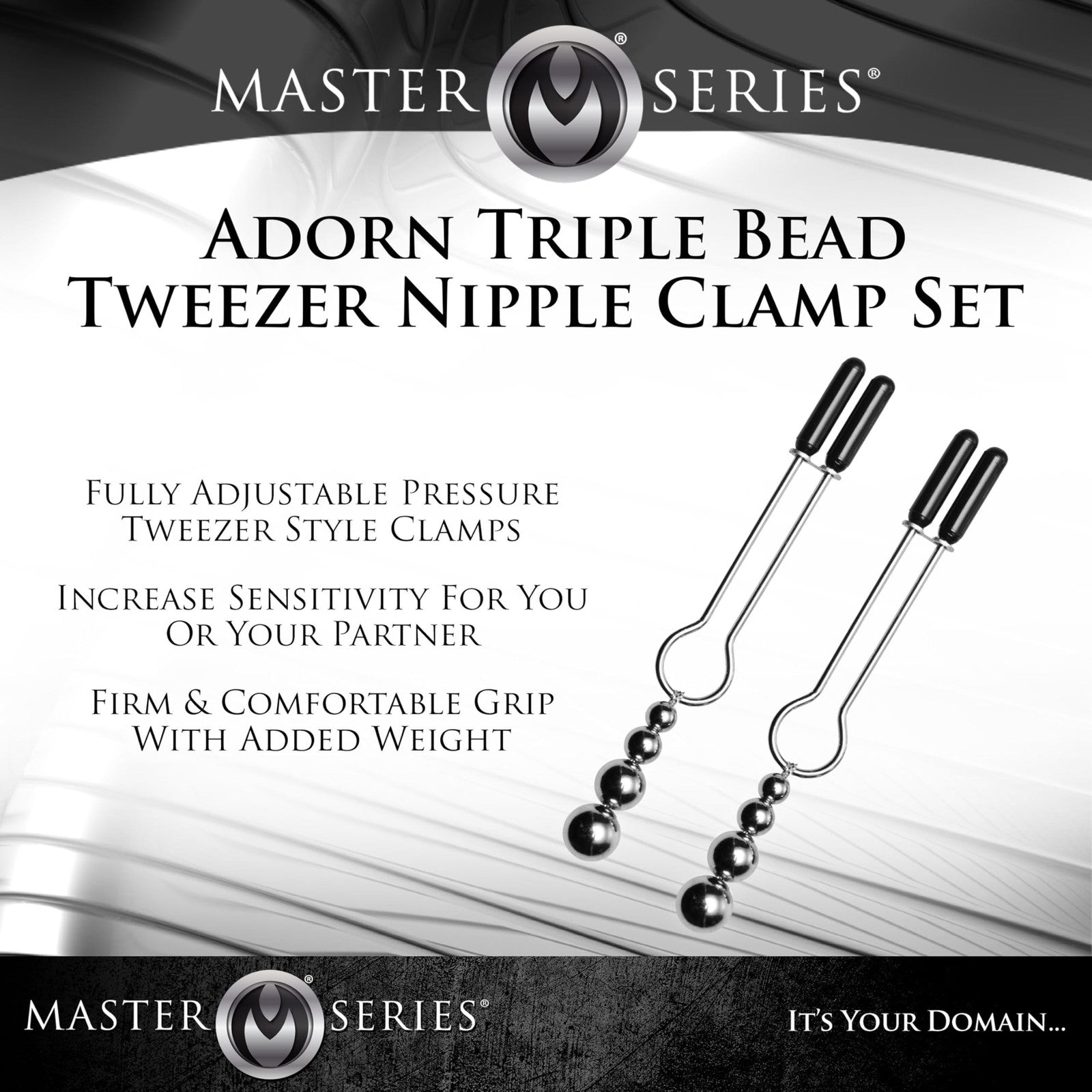 Advertisement for Master Series Adorn Triple Bead Tweezer Nipple Clamp Set on a white background.