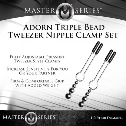 Advertisement for Master Series Adorn Triple Bead Tweezer Nipple Clamp Set on a white background.