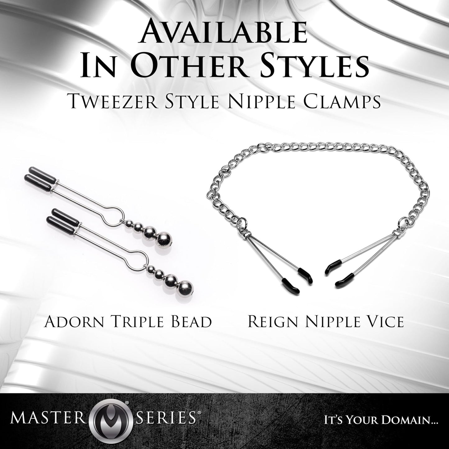 Advertisement for Master Series nipple clamps with text indicating availability in other styles.