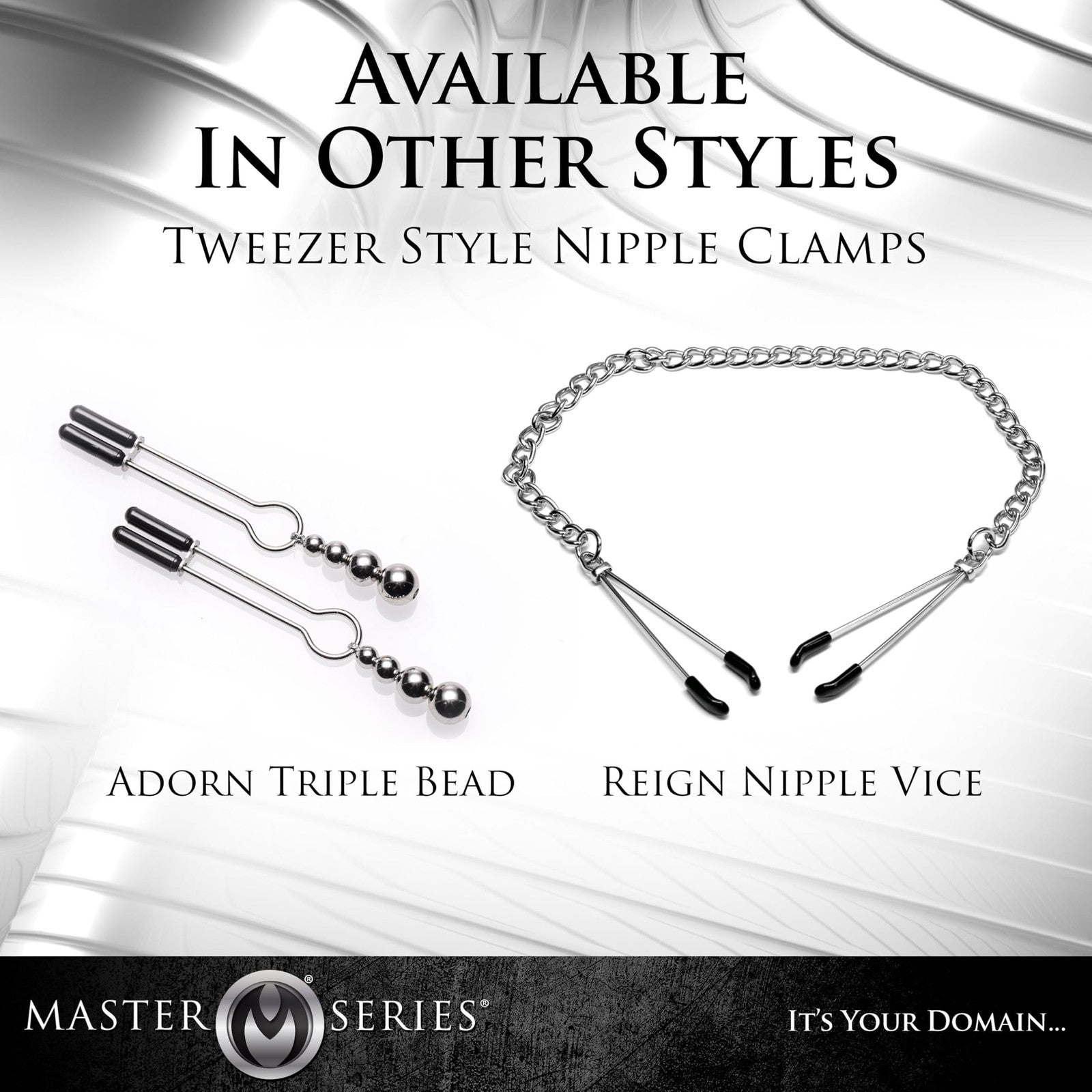 Advertisement for Master Series nipple clamps with text indicating availability in other styles.