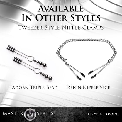 Advertisement for Master Series nipple clamps with text indicating availability in other styles.