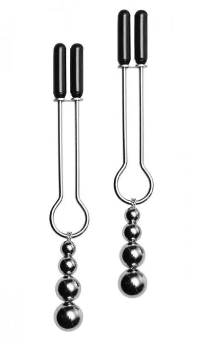 Pair of black and silver nipple clamps on a white background