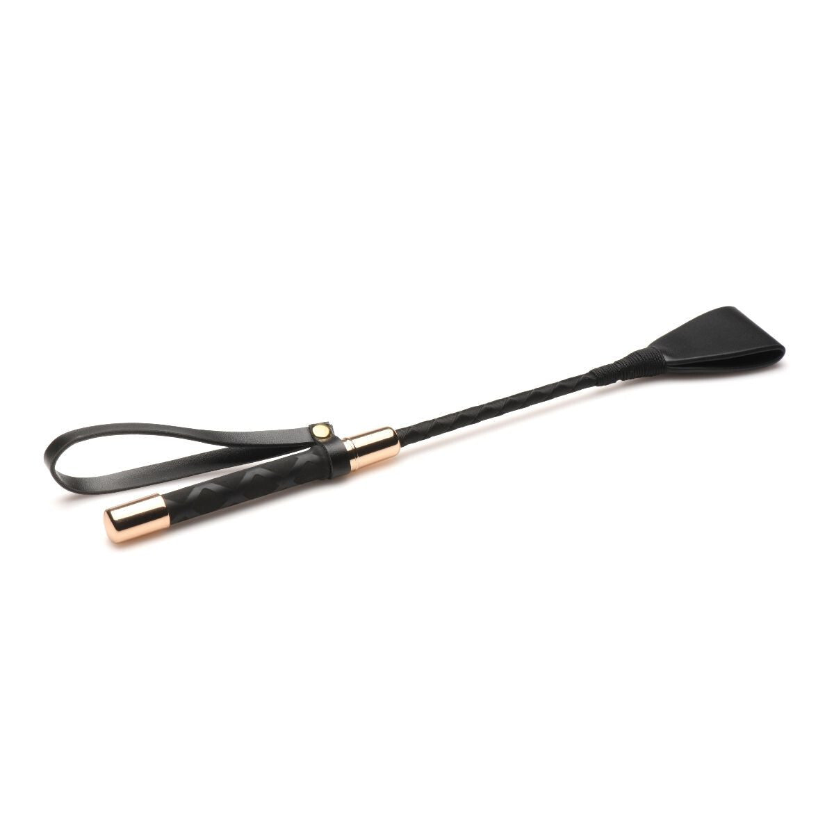 Black and gold horsewhip on a white background