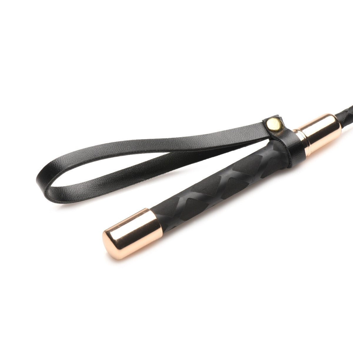 Black leather strap with rose gold hardware on a white background