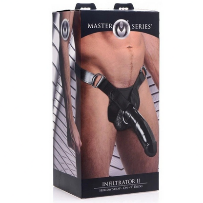 Product packaging for 'Infiltrator II' with a harness and dildo, featuring 'Master Series' branding.