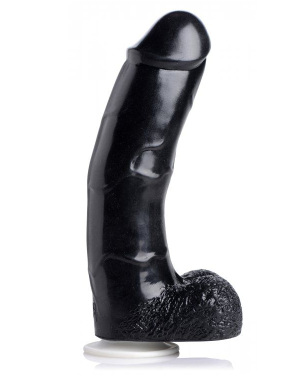 Black silicone hollow strap-on dildo on a white background