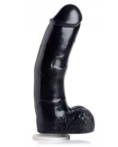 Black silicone hollow strap-on dildo on a white background