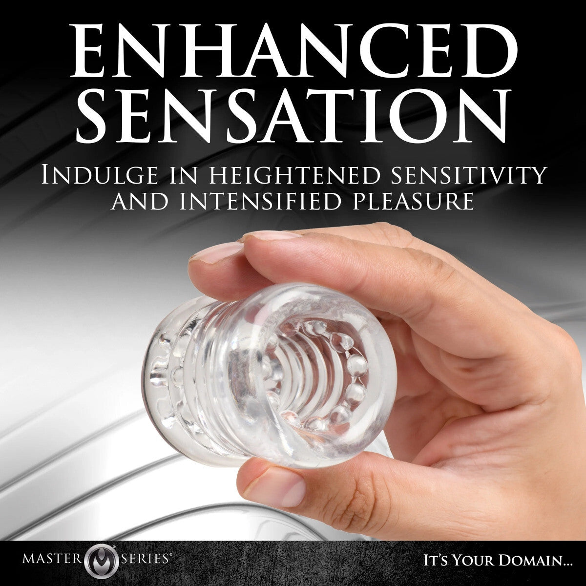 Hand holding a clear object with promotional text about heightened sensitivity and pleasure, featuring Master Series branding.