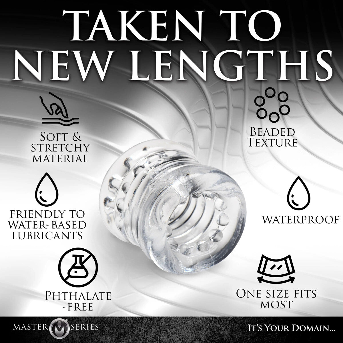 Clear silicone ring with features listed on a dark background