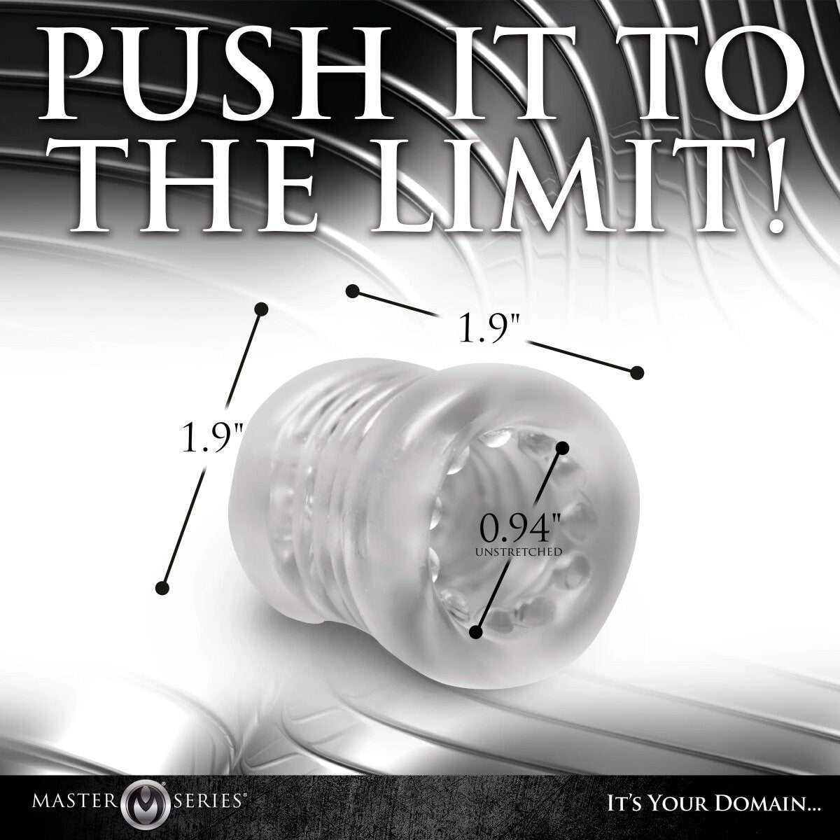 Product with measurements and promotional text 'Push It to the Limit!' on a blurred background