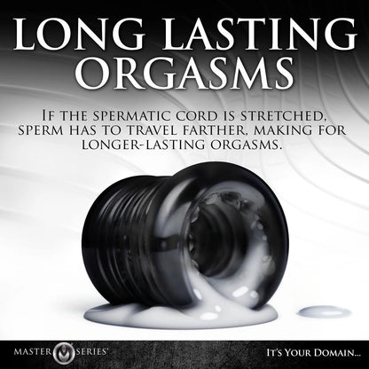 Product with text about spermatonic cord and orgasms on a dark background