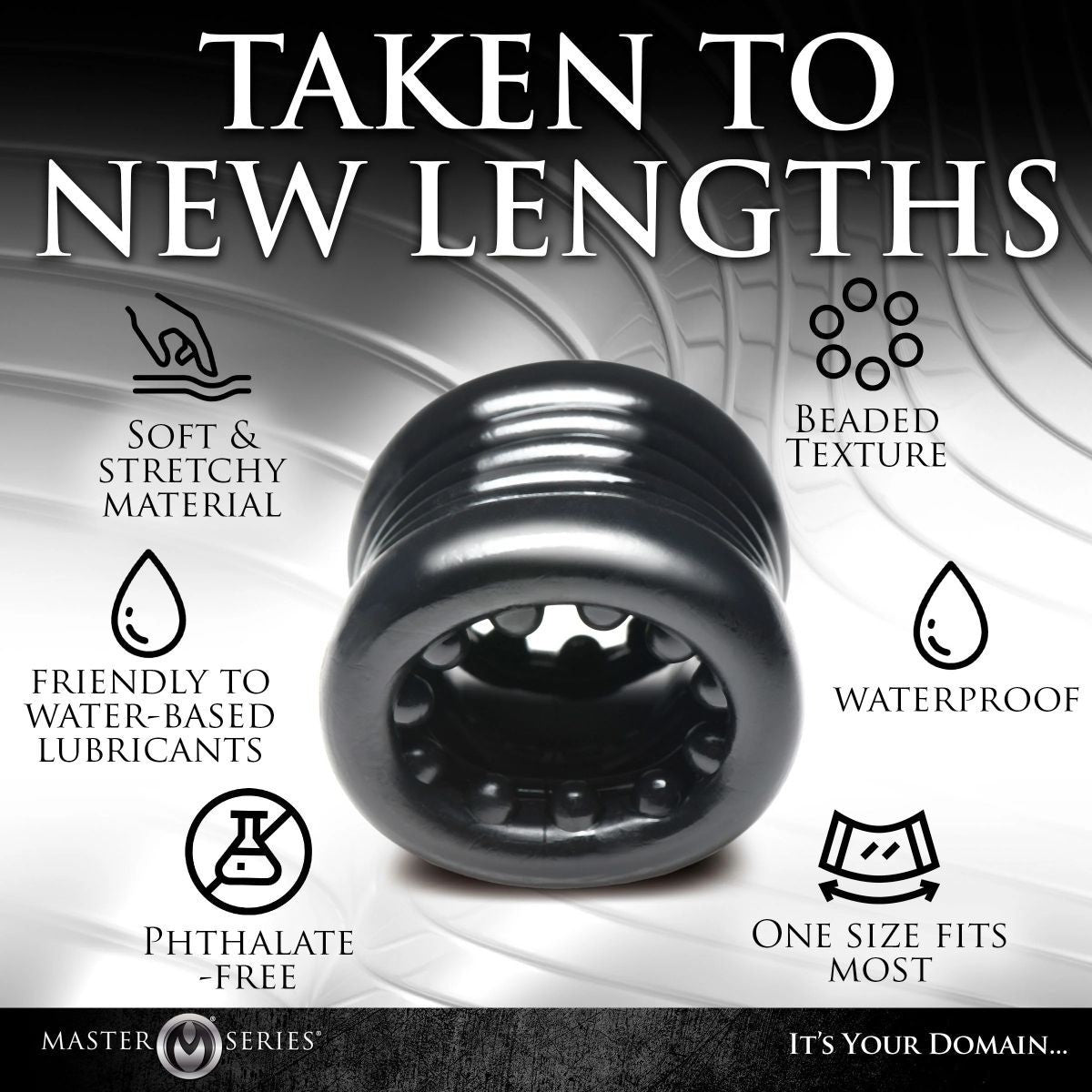 Black cylindrical product with features listed on a gradient background