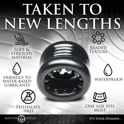 Black cylindrical product with features listed on a gradient background