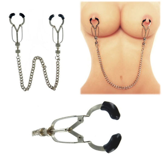 Metal nipple clamps with chains on a white background