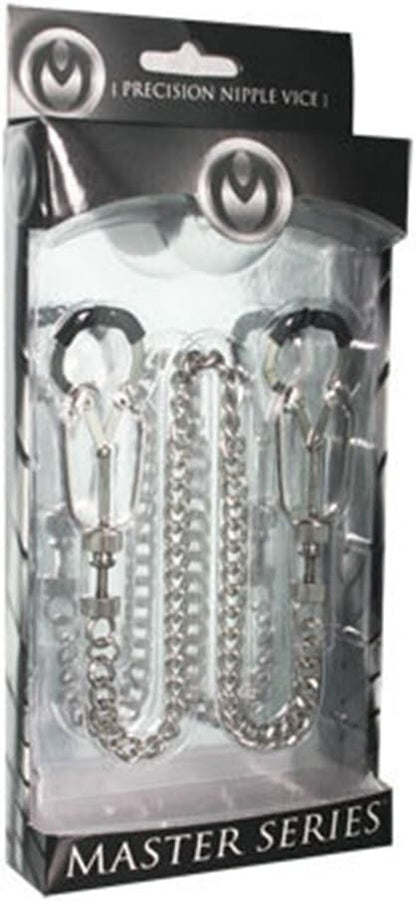 Packaged product with 'Master Series' branding featuring precision nipple vice and chain.
