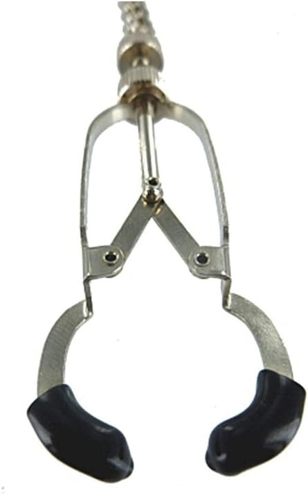 Metallic nipple clamp with black rubber ends on a white background