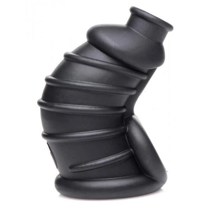 Black silicone chastity sleeve on a white background
