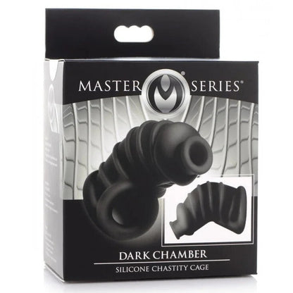Packaging of Master Series Dark Chamber silicone chastity cage on a white background