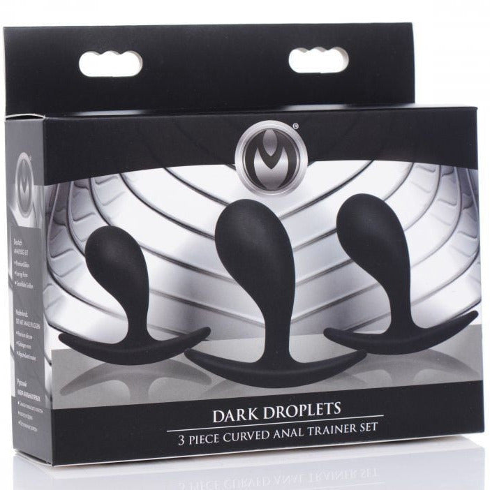 Box of 'Dark Droplets' 3-piece curved anal trainer set on a white background