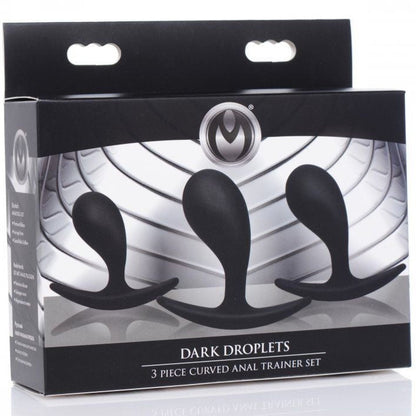 Box of 'Dark Droplets' 3-piece curved anal trainer set on a white background