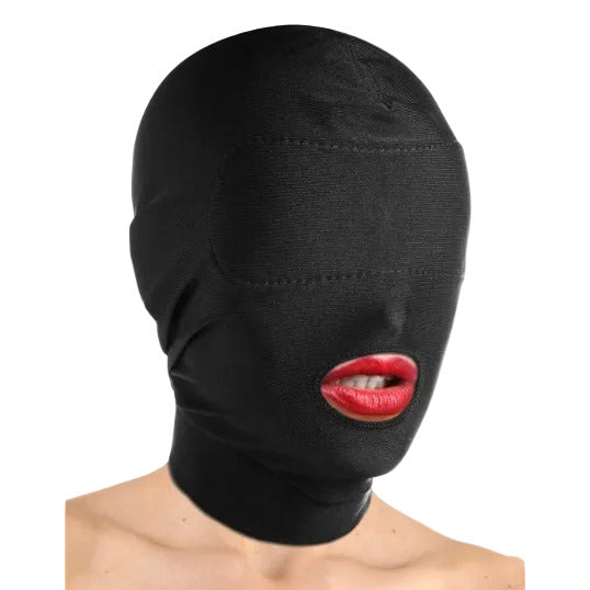 Black hood with red lips on a white background