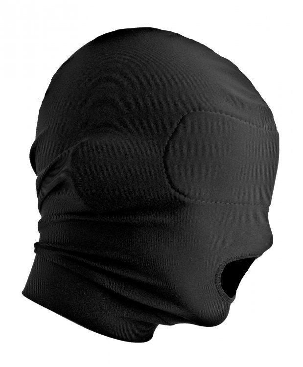 Black balaclava with eye and mouth openings on a white background