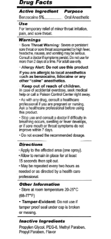 Drug facts label for a topical anesthetic spray with active and inactive ingredients, usage instructions, and warnings.