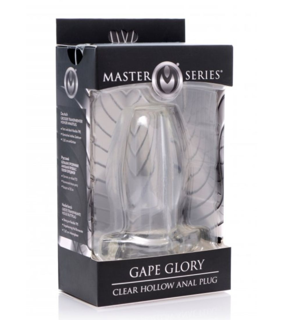Clear hollow anal plug in packaging with 'Master Series' branding on a white background
