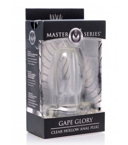 Clear hollow anal plug in packaging with 'Master Series' branding on a white background