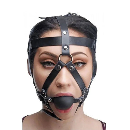 Master Series Hostage Leather Head Harness With Silicone Ball Gag on a white background