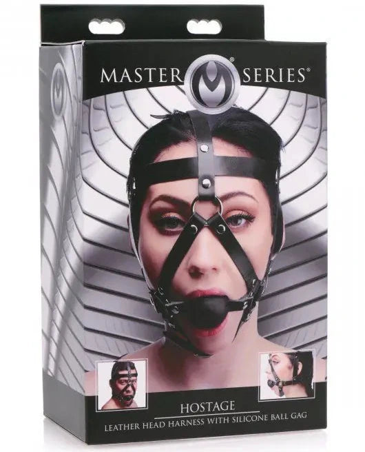 Master Series Hostage Leather Head Harness With Silicone Ball Gag packaging on a white background