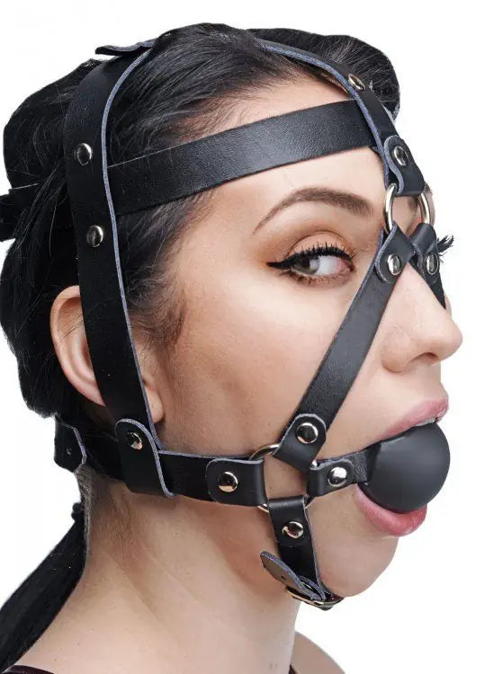 Black leather muzzle with metal straps on a white background