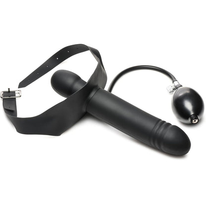 Black gag dildo device with a pump on a white background