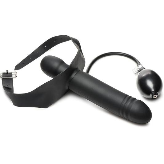 Black gag dildo device with a pump on a white background