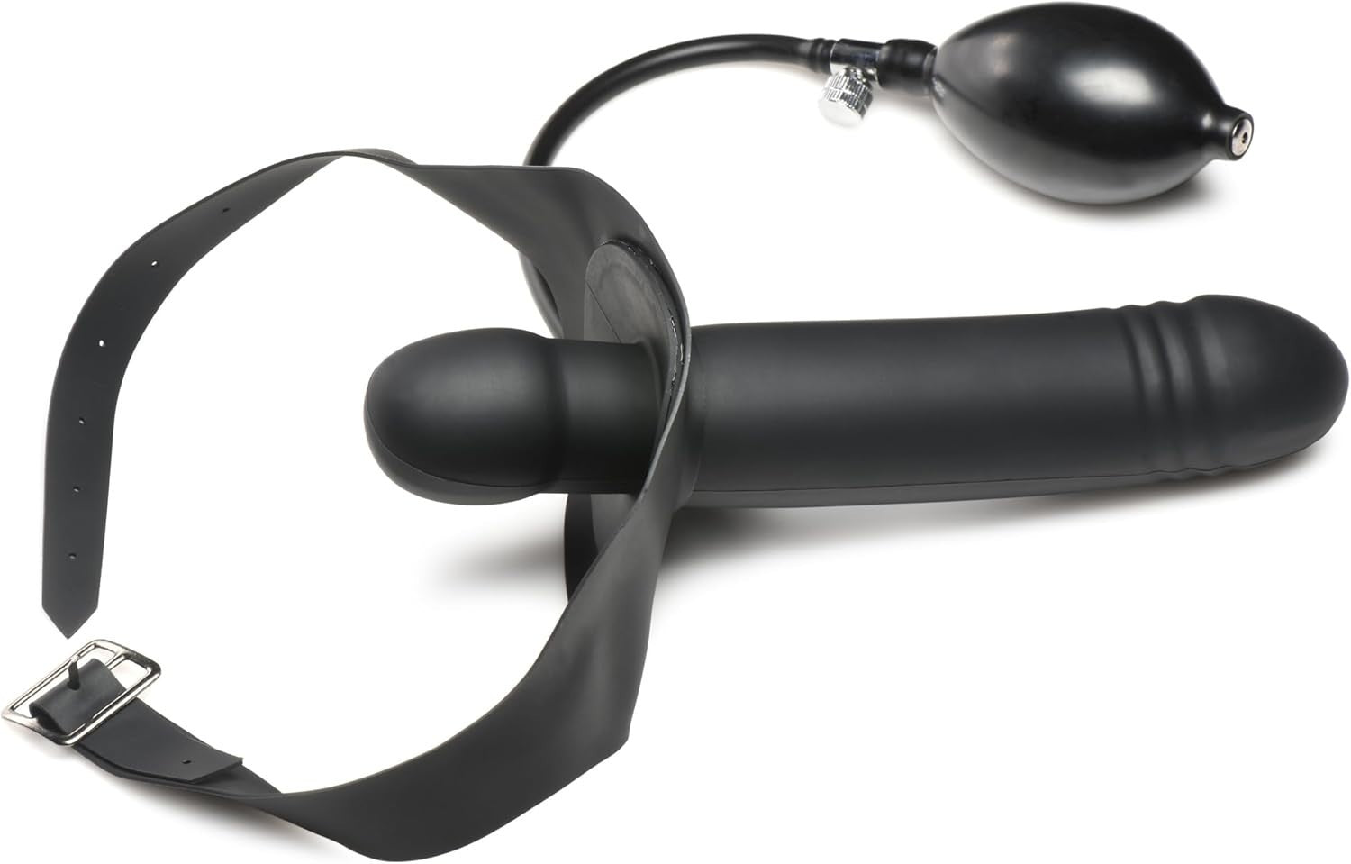 Black strap-on device with a hose and strap on a white background