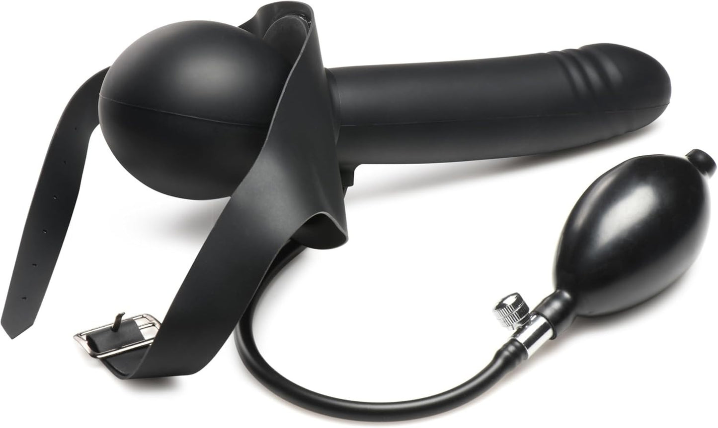 Black inflatable ball gag with strap on a white background