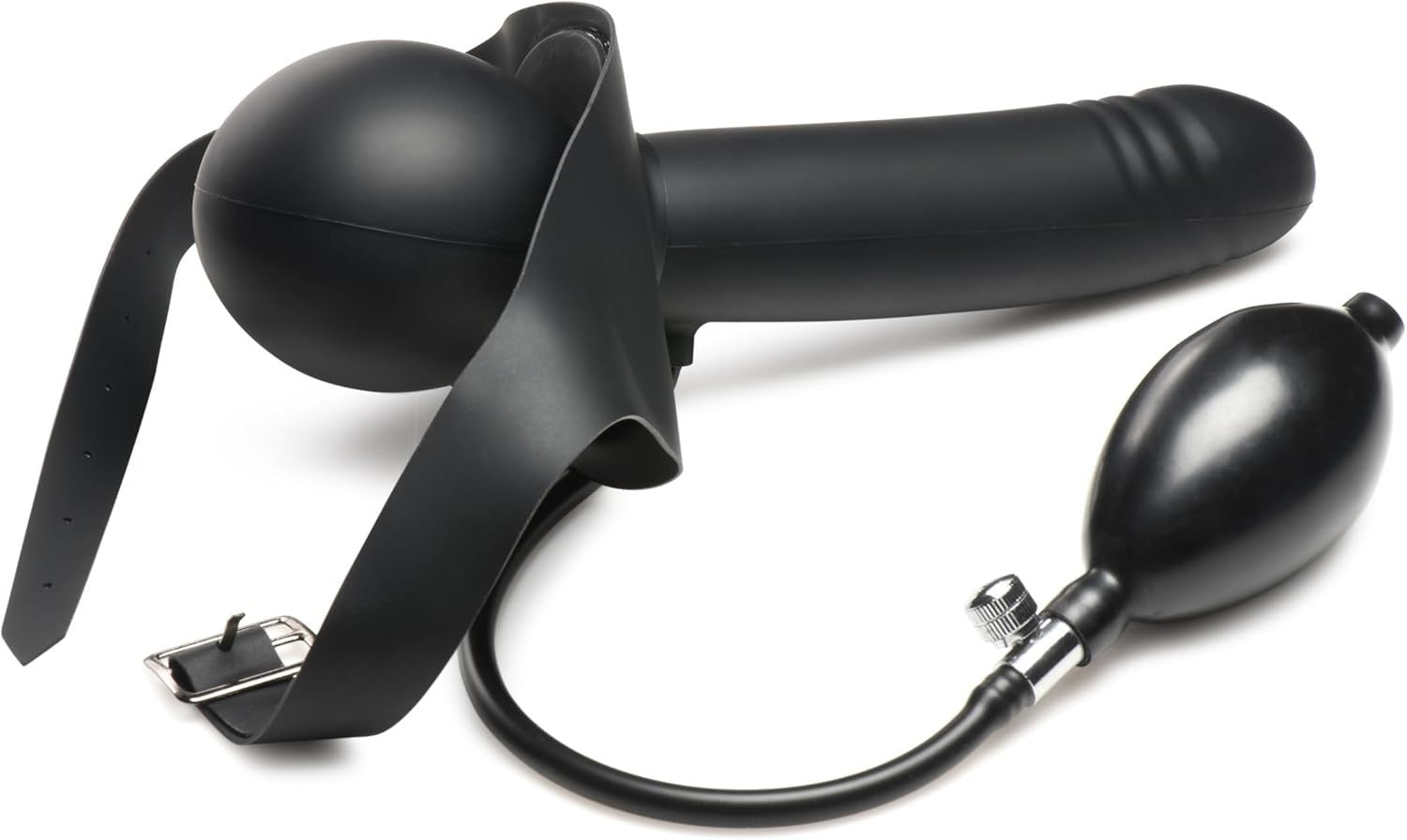 Black inflatable ball gag with strap on a white background
