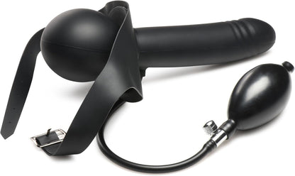 Black inflatable ball gag with strap on a white background