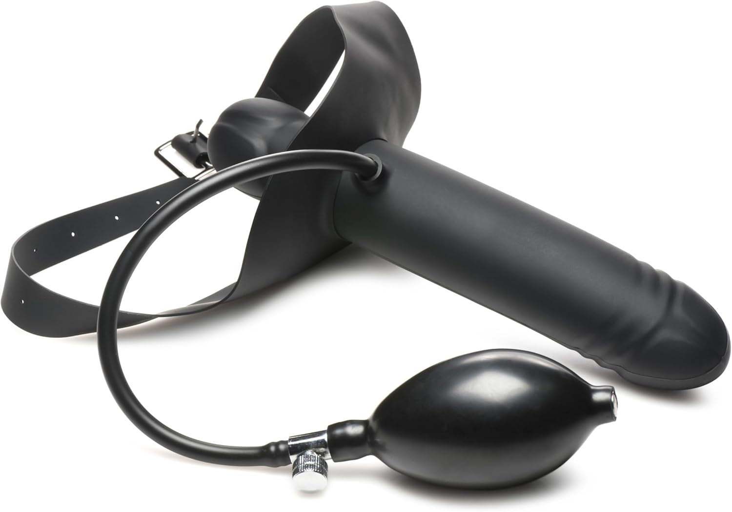 Black rubber inflatable dildo with pump on a white background