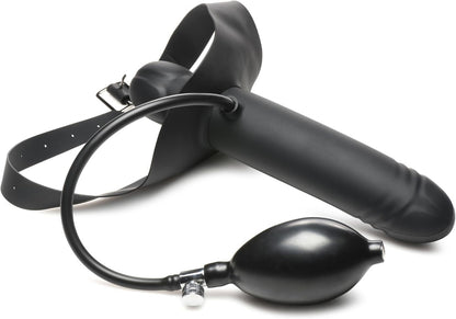 Black rubber inflatable dildo with pump on a white background