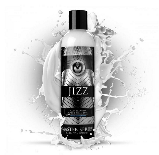 Bottle of 'Jizz' product with a black and white label on a white background