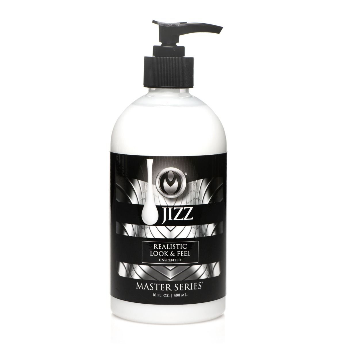 Bottle of Jizz lube with pump on a white background