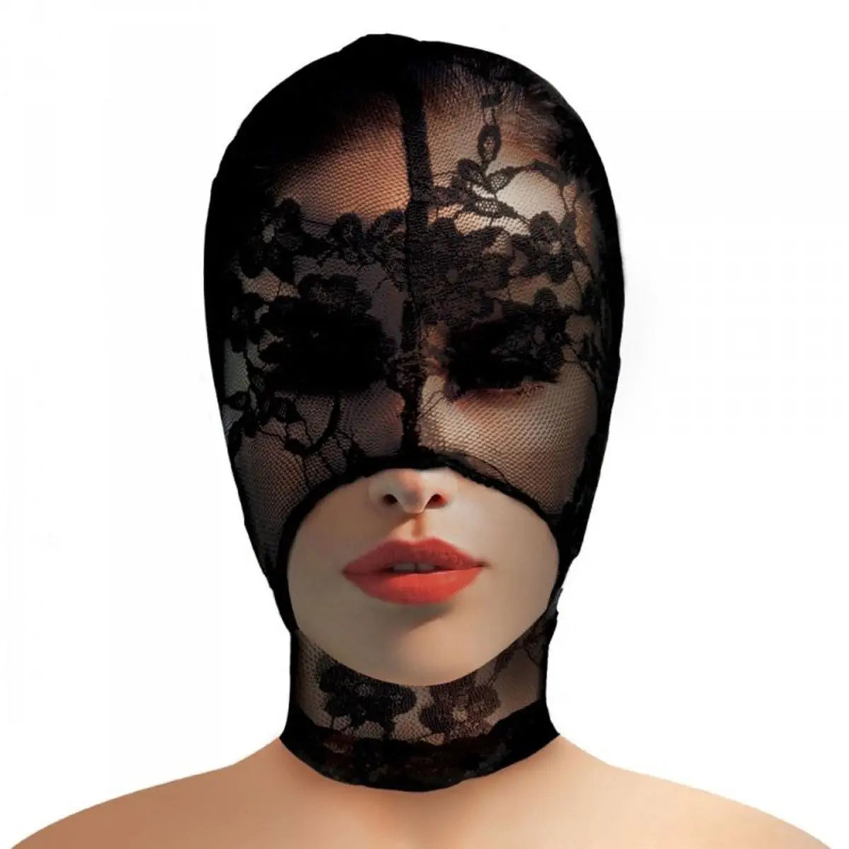 Black lace hood on a mannequin head with a white background